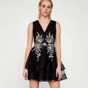 Bcbg Max Azria Black Tulle Floral Embroidered Tiered Mini Dress